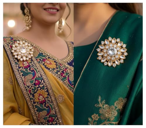 Image of Touchstone Indian Bollywood Handcrafted Designer Jewelry Brooch Lapel Pin in Gold Or Silver Tone for Women.