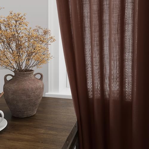 Image of Rustic Brown Linen Curtains 84 Inch Length 2 Panels Set for Living Room Rod Pocket Back Tab Light Filtering Window Drapes for Bedroom Dining Room Protect Privacy Modern Farmhouse Decor 52x84