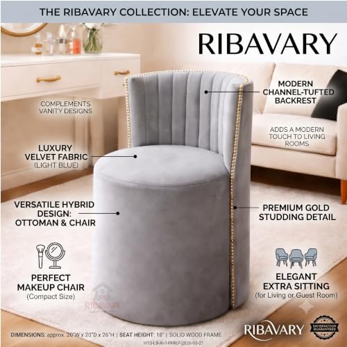 Image of Luxury Velvet Ottoman Chair Pouffe Stool-Modern Round Soft-Padded Chair for Dining Room, Living Room /Cafeteria Seating /Bedroom and Dressing Area /Ottoman with Backrest (Grey.)