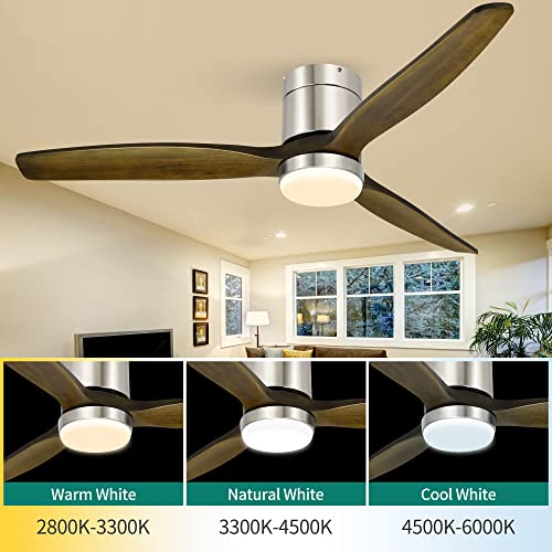Yitahome 52 Inch Low Profile Ceiling Fan With Lights Remote And Wall Control, Flush Mount Fan With Quiet Reversible Dc Motor, 3 Colors Light Changing, 6 Speed, For Outdoor/Indoor, Silver & Walnut #TOP2