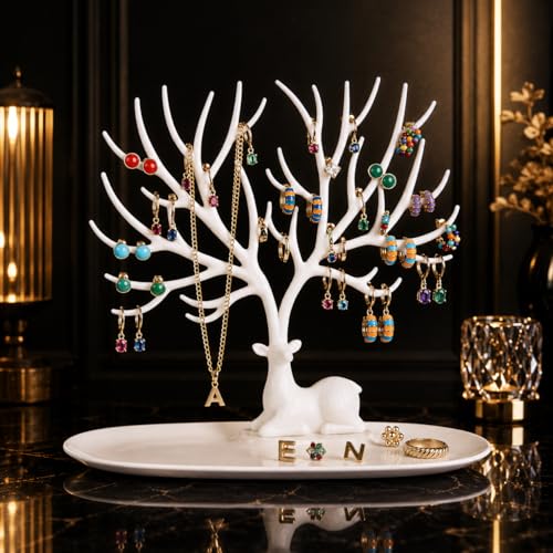 Aesthetic Deer Tree-Shaped Jewellery Stand Organiser (White Antler Necklace & Earring Holder with Oval Base Tray)