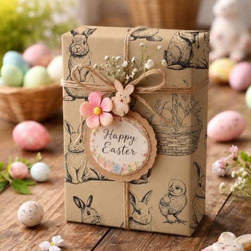Wikadlik Kraft-Oster-Geschenkpapierrolle mit Schnittlinien auf der Rückseite - Häschen-Küken-Muster Geschenkpapier für festliche Bastelarbeiten und Dekorationen - 43 cm x 10 m