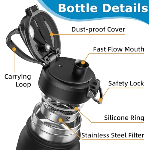 OLDLEY 600ml/20oz Stainless Steel Water Bottle Double Walled Vacuum Flask Keeps Drink Hot and Cold Leakproof BPA Free 600ML Metal Insulated Water Bottle for Sport School Work Outdoor Hiking (Black) - Image 2