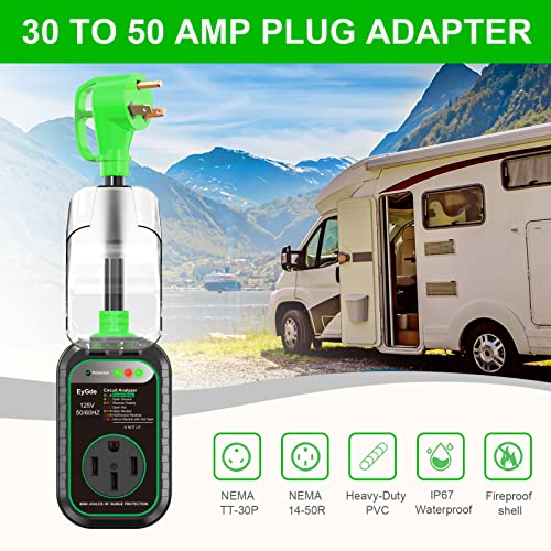Image of EyGde 30 Amp to 50 Amp RV Adapter with Surge Protector - Upgraded NEMA TT-30P Male to 14-50R Female Plug, 30A to 50A RV Circuit Analyzer Power Protection with Waterproof Cover for 50Amp Camper Trailer