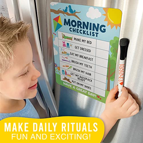 Image of Magnetic Morning & Bedtime Routine Chart for Kids - Customizable Toddler Daily Schedule Board with Dry Erase Surface, Stickers & Marker, Build Habits with Visual Checklists, Colorful Doodle Theme