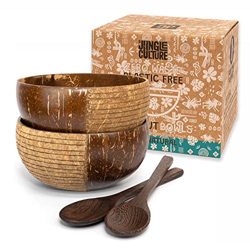 Jungle Culture® Bols Noix de Coco à Motifs avec Cuillères • Lot de 2 Bols en Coquille de Coco avec Paille en Bambou et Pochette • Bol Naturel pour Céréales, Smoothie, Poke, Buddha • Cadeau Artisanal