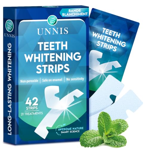 UNNIS Bande Blanchiment Dentaire, Pack de 21 Traitements pour Blanchiment Doux et Efficace, Sûr pour Dents Sensibles, Sans Peroxyde d’Hydrogène, Bandes Blanchissantes Antidérapantes, Pack de 42 Bandes