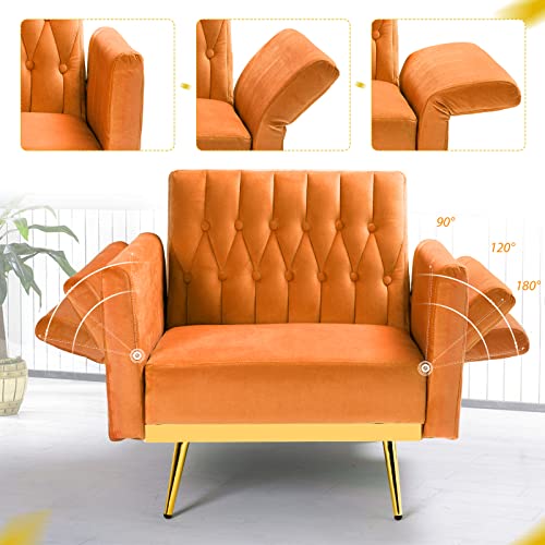 Acmease Velvet Accent Chair W/Adjustable Armrests And Backrest, Button Tufted Lounge Chair, Single Recliner Armchair With Ottoman And Pillow For Living Room, Bedroom,Orange #TOP4