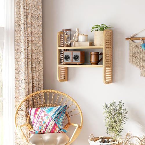 YEMNMFH 2-Tier Natural Rattan Wall Shelf, Cute Hanging Book Shelves Storage, Decorative Natural Display Shelves, Boho Floating Shelf for Nursery, Bedroom, Living Room YEMNMFH 2-Tier Natural Rattan Wall Shelf, Cute Hanging Book Shelves Storage, Decorative Natural Display Shelves, Boho Floating Shelf for Nursery, Bedroom, Living Room