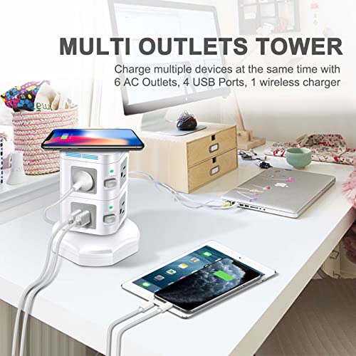 Power Strips Surge Protector, Odom Power Strip Tower With Fast Wireless Charger, 4 Usb Ports + 6 Widely Outlets + 6 Feet Retractable Extension Cord, Multiple Plug Outlet Charging Tower For Home Office #TOP1
