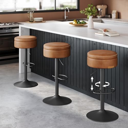 Image of VASAGLE EKHO Collection - 360 Swivel Bar Stools Set of 3, Height Adjustable Barstools with Storage, Synthetic Leather with Stitching, Mid-Century Modern, Kitchen Bar, Easy Assembly, Caramel Brown