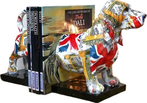 Image of Pair of British Print Dog Bookends | Sausage Dog Dachshund Basset | London Vehicle Union Jack Print