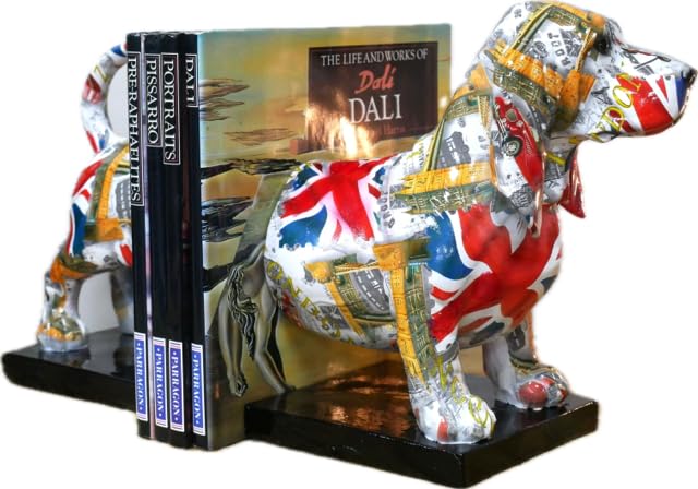 Pair of British Print Dog Bookends | Sausage Dog Dachshund Basset | London Vehicle Union Jack Print