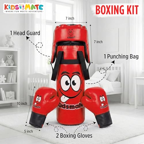 Image of Kidsmate Boxing Kit for Kids of Age 3-8 Yrs | Safe Synthetic Leather Punching Bag with Gloves Set | Boxing Set for Karate Training & Punch Practice | Playful Fitness Activity for Boys & Girls (Red)
