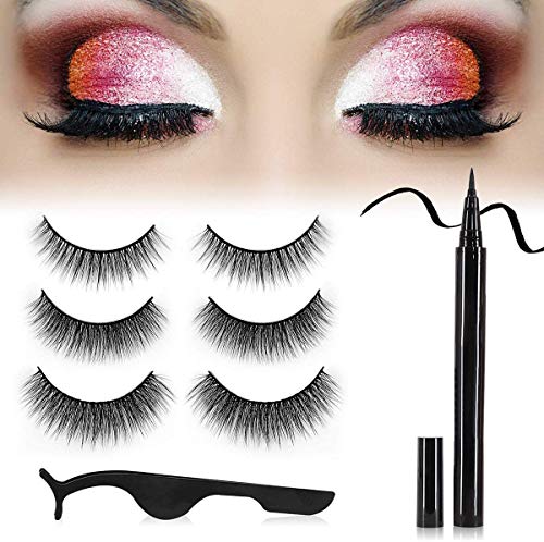 HEYISSU Magnetic Eyelashes,3 Pairs Reusable 3D lashes,1 Tubes of Magnetic Eyeliner Kit and Tweezers Inside, Eyeliner and Glue Two in One,Quick Drying, Waterproof, Easy to Remove Makeup