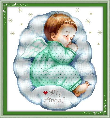 Image of JOYSEWING Stamped Cross Stitch Kits, 11CT Printed Cross Stitch Kits for Beginners, Easy Embroidery Needlepoint Kits DIY Craft kit Home Decor - Asleep Angel Baby(boy) (Printed) 13x13.8 inch