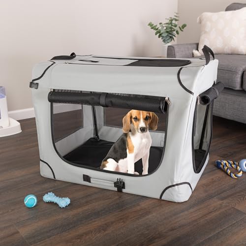 Soft Dog Crate - 32x23.25x23 Collapsible Dog Crate for Medium Pets - Portable Travel Pet Crate with 3 Doors, Mesh Windows, and Removable Divider - Travel Accessories by PETMAKER (Gray) - Thumbnail 6