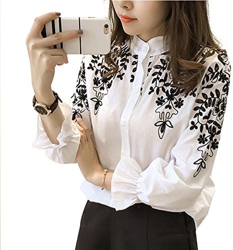 Amazon Co Jp Xwbjp シャツ レディース フリル 立ち襟 長袖 春 夏 可愛い 刺繍 花柄 無地 ゆったり ワイシャツ カジュアル オフィス ブラウス 薄い 黒 白 大きいサイズ ファッション