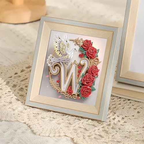 Image of AiYuanzsh 5D Diamond Art Kits Letter W, Whimsical Rose & Dove Monogram Special Shape Diamond Painting for Adults, Luxury Diamond Art for Adults DIY Paint by Diamonds for Wall Display 17x17cm