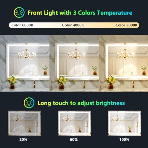 Image of 40x30 Inch RGB LED Bathroom Mirror Front Light and RGB Backlit Lighted Vanity Mirror for Bathroom Wall Mounted Dimmable Anti Fog Memory Shatter-Proof IP54 Waterproof Horizontal /Vertical