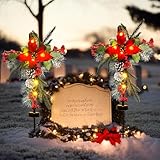 TISEJOY Solar Christmas Decorations Outdoor Lights, Set of 2 Xmas Waterproof Cross Stake, Cemetery Grave Decorations, Faux Pine Cones and Flowers Ornament Memorial Stakes for Grave Garden Yard Lawn