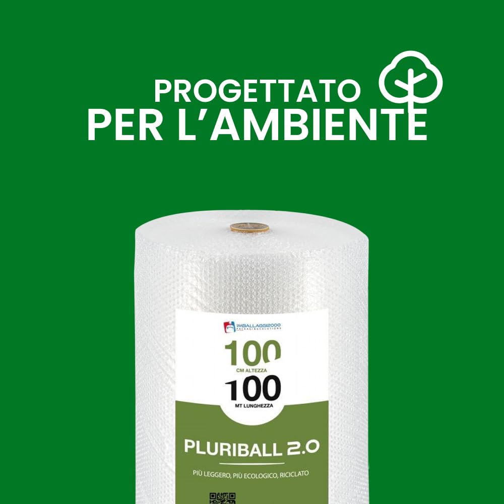 Pluriball Imballaggio 50% Materiali Riciclati 2.0 1 Rotolo 100mtx100cm 28gr/mq Plastica per Imballaggio con Bolle