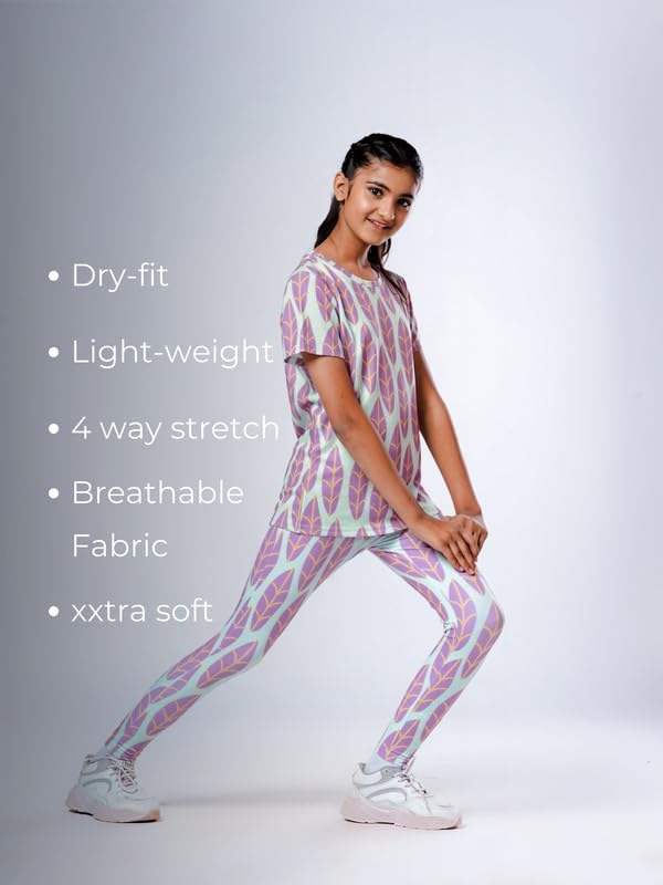 Image of Girls Active Sports Wear Set - Stylish Printed T-Shirt and Leggings Set for Girls - Comfortable and Breathable Workout Clothing for Sports, Gym, Yoga,- Perfect for Casual Wear (4-14 Sizes)