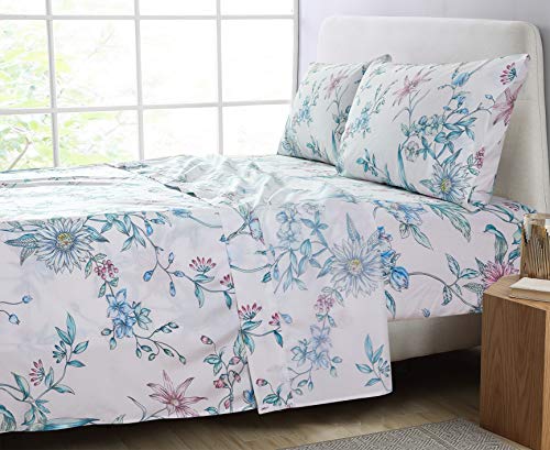 Image of JSD Pink Blue Floral Printed Twin Sheet Set Extra Deep Pocket | 3 Piece Soft Botanical Microfiber Sheets, OEKO-TEX Certified, Easy Care