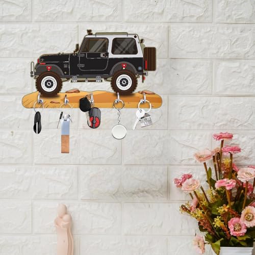 Image of Webelkart Premium HD UV Printed Mahindra Thar Car Shape Designer Wooden Key Holder Home and Office Decor (11 X 6 Inch, Wood) (Black)
