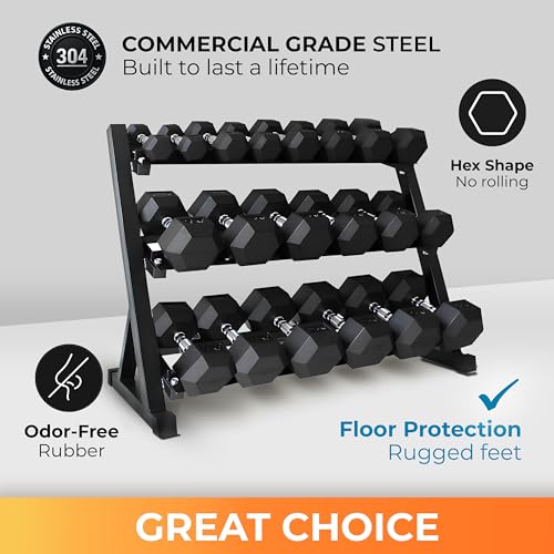 Image of Rubber Hex Dumbbell Set with Rack, 8 /10 /12 /15 /20 Pair (450 /550 /780 /1200 /1550 /2100 lbs total) Weight Rack with Dumbbells for Home Gym & Strength Training