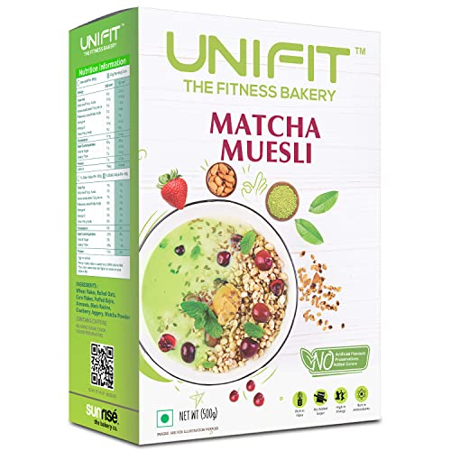 Image of UNIFIT Matcha Muesli Cereal - High Protein, Crunchy Breakfast with Oats, Cranberries & Almonds | Healthy, Instant & Ready to Eat | 500g of Antioxidant-Rich Goodness!