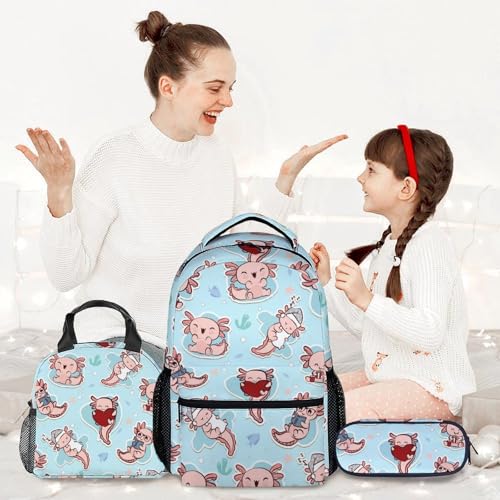 Axolotl School Backpack Set, Cute 3 in 1 Backpacks with Lunch Box for Girls, Blue Elementary School Bag and Pencil Pouch Bundle for Kids2