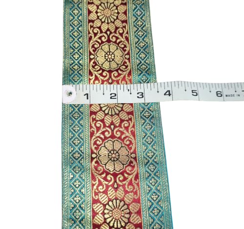 Image of Brocade Ethnic Work 9 Meter Laces and Borders Material for Dresses, Sarees, Lehenga, Suits, Blouses, Dupatta, chunri and Crafts (Turquoise x Maroon)