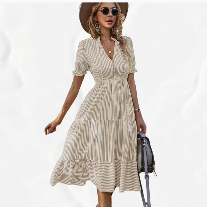 Women's Striped V-Neck Elastic Waist Short Sleeve A-Line Dress女装条纹连衣裙v领松紧腰短袖大摆连衣裙 Beige3