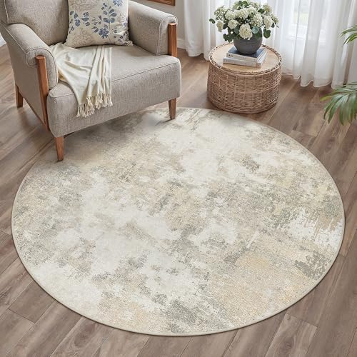 Beige Abstrakte Teppich Rund 120cm Moderner Wohnzimmer Teppich Waschbarer rutschfeste Minimalistische Bodenmatte Teppiche für Wohnzimmer Schlafzimmer Büro Bereich Dekor Abstrakt | Beige 120
