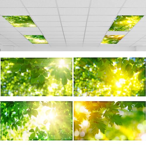 Image of ROCEEI Pack of 4 Fluorescent Light Covers for Ceiling Lights, 4 x 2 Ft, Magnetic Light Covers for Classroom Office Home School Ceiling Decor(Fresh Leaves)