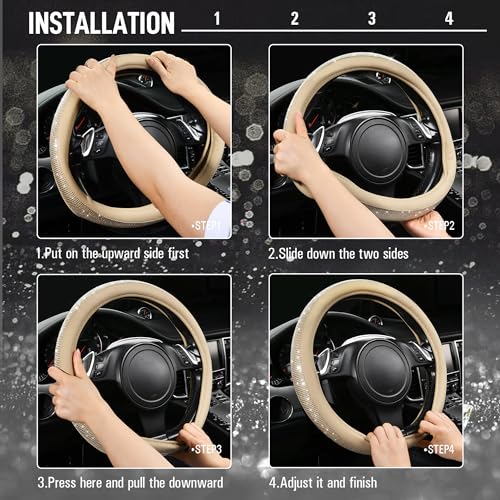 Image of CAR PASS Bling Diamond Beige Leather Steering Wheel Cover, White Sparkly Crystal Glitter Rhinestones Universal Fit 14 inch 1 /2-15 inch Car Wheel Protector for Women Girl Fit Suvs,Vans,Sedans,Trucks, Beige