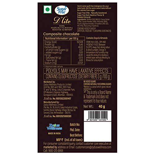 Image of Sugar Free D'lite Hazelnut & Almonds Dark Chocolate Bar, 40g (Pack of 3)
