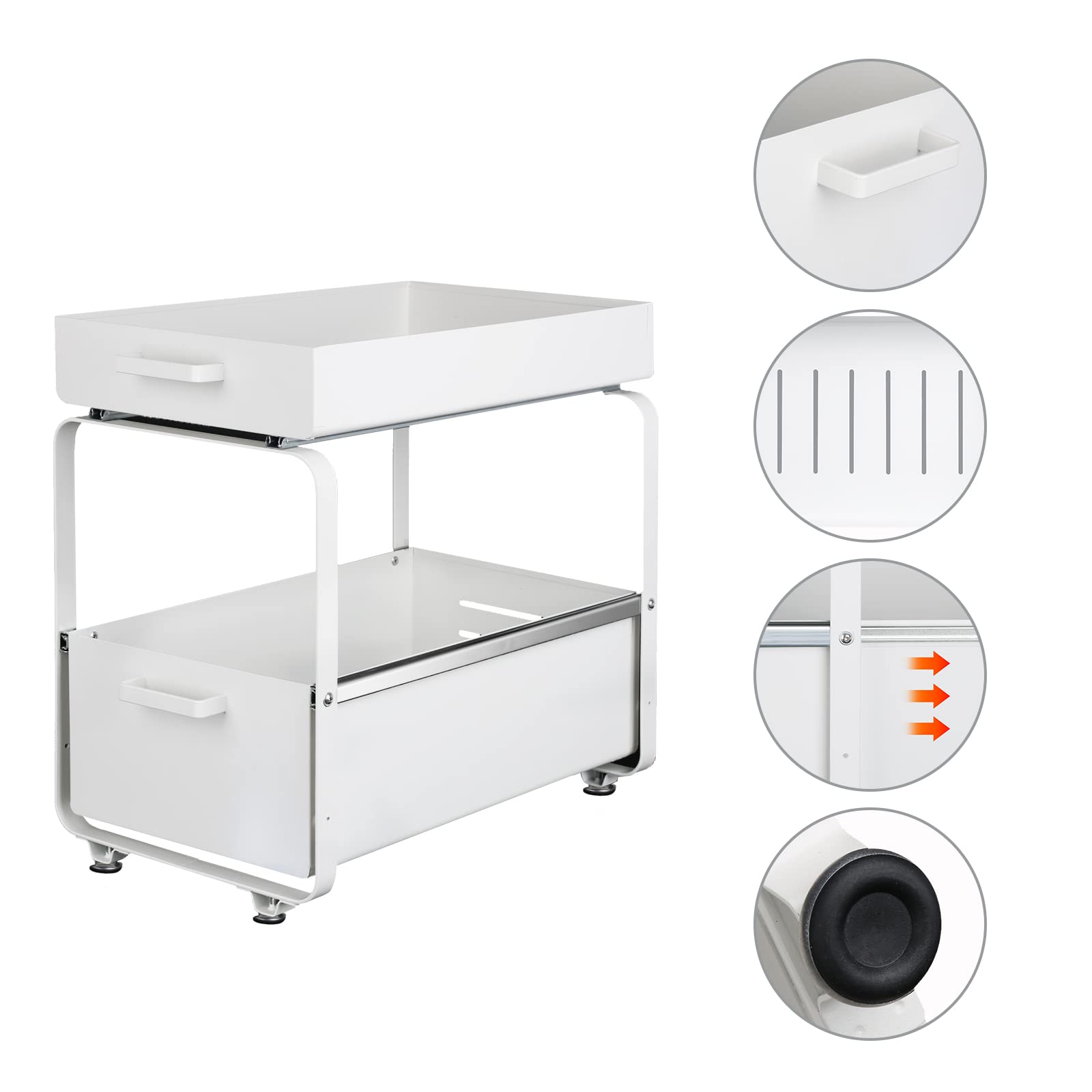 HUOLE Estantería Gioma de Calidad con 2 estantes y Cesta extraíble para Cocina o encimeras, Organizador de Metal con Recubrimiento de polvo-40 * 25.5 * 39.5cm-Blanco