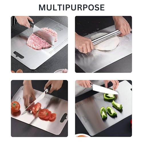 Image of Stainless Steel Chopping Board for Kitchen Large, Metal Chopping Board for Meats, Fruits and Vegetables, Non Slip Heavy Duty Steel Cutting Board, Dishwasher Safe, 36cm x 25cm
