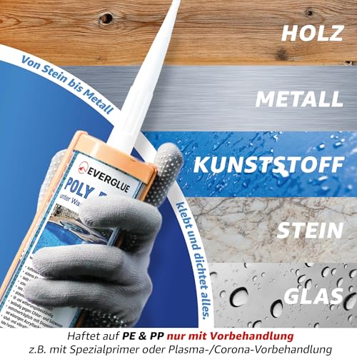Everglue Poly Pool 1K MS-Polymer Montagekleber zum Kleben und Abdichten, unter Wasser einsetzbar, ohne Silikon, UV-beständig, bleibt dauerelastisch transparent
