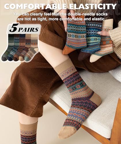 Image of IIG 3-5 Pairs Womens Vintage Cozy Crew Socks Soft Cute Neutral Cotton Socks Exquisite Patterns Socks Gift