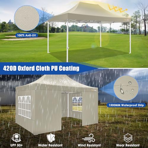 Image of HOTEEL Tents for Parties 10x15 Pop Up Canopy Tent Heavy Duty Instant Outdoor Canopy Commercial Event Tent Wedding with Roller Bag, UV 50+ & Upgraded No Water Accumulation, Thick Hexagonal Legs, Khaki
