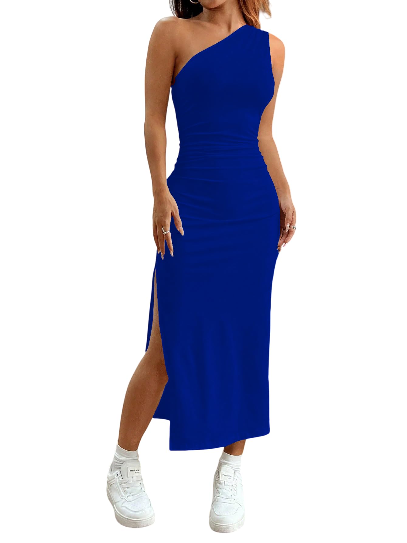 Women’s One Shoulder Bodycon Midi Dress – Sleeveless Asymmetrical Ruched Slim Fit Side Slit Elegant Casual Party Dress-image-45