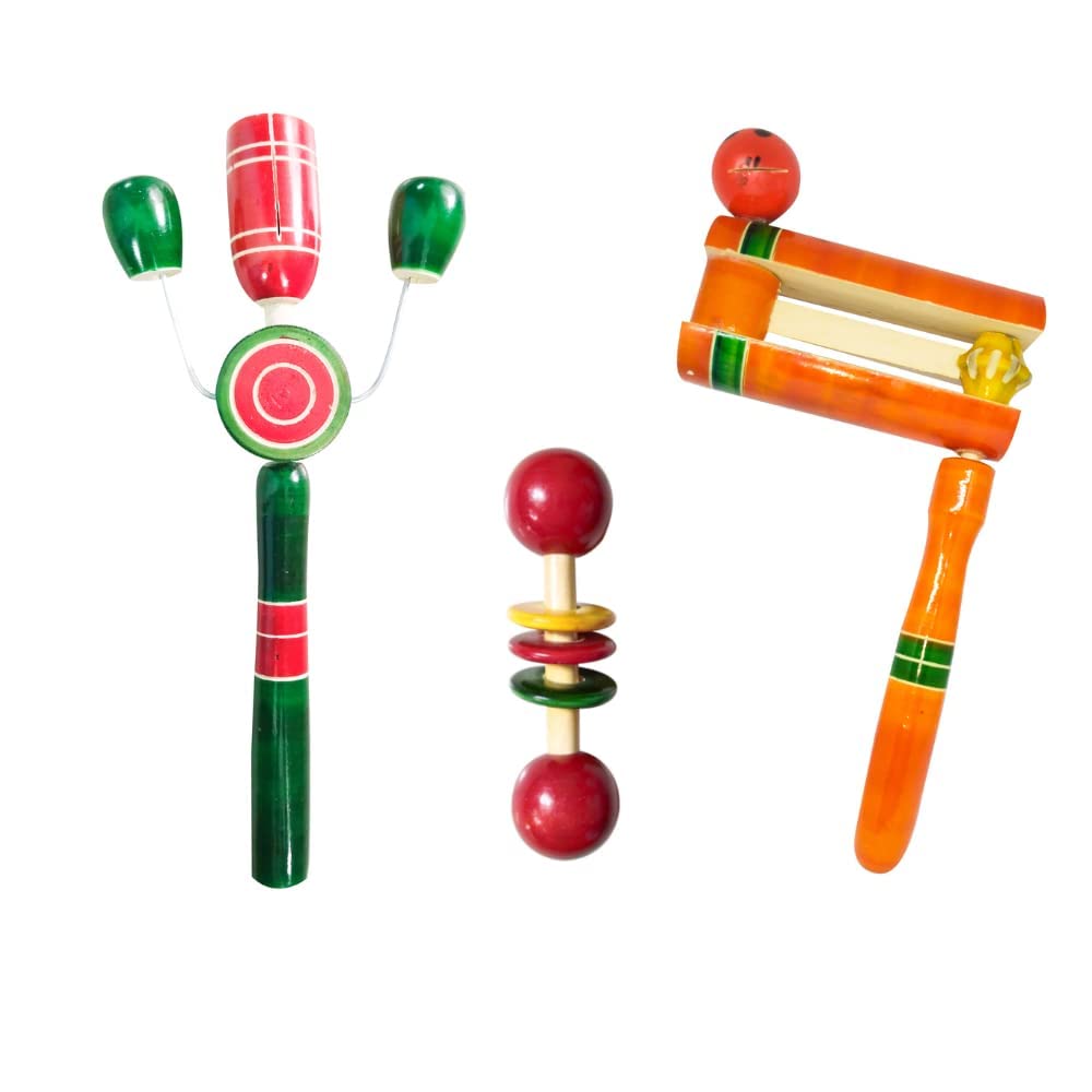 Funwood Games Multicolor Wooden Combo of 3 Super Rattles for your Newborn baby (Roc-Toc Rattle, Dumbbell Rattle and Frog Rattle)