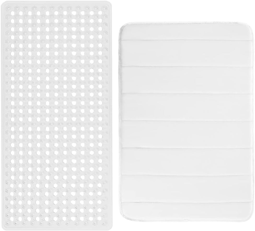 Gorilla Grip Patented Shower and Bath Mat and Striped Memory Foam Bath Rug, Bath Mat Size 35x16 in, Soft on Feet, Bath Rug Size 42x24 in, Machine Washable Bathmat, Both in White, 2 Item Bundle