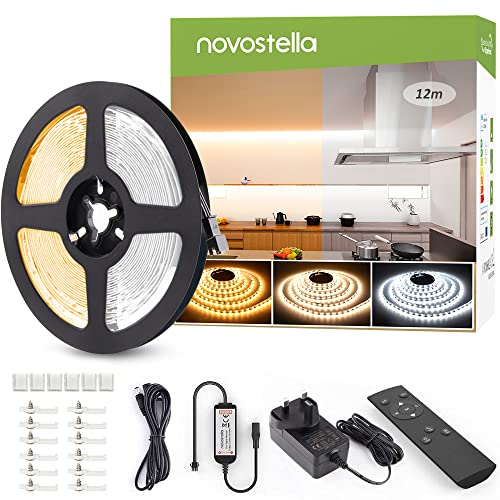 NOVOSTELLA 12M LED White Strip Lights, Dimmable 40ft 1344 LEDs, Tunable Warm White to Cool Daylight 3000K-6500K, with RF Remote Flexible LED Tape for Living Room Cabinet Bedroom Kitchen Ceiling, 24V