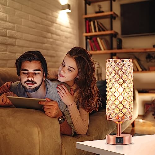 Image of Hong-in Rose Gold Lamp Set of 2, 3-Way Crystal Table Lamp Touch Control with USB-C+A & AC Ports, Dimmable Nightstand Desk Light, Pink Bedside Table Lamp for Bedroom(Bulb Included & Set of 2)