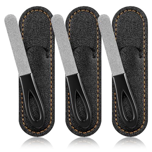 Nail File for Men - 3 Pack Metal Nail File Travel Fingernail Files Small Double Sided Fine Grit Stainless Steel Fingernail Files with Leather Case