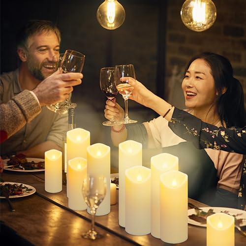 Image of Aignis 9pcs Flameless LED Candles Battery Operated with 10-Key Remote & Timer, Indoor Heat Resistant, 3D Wick with Warm Flickering Glow for Cozy Home /Wedding /Holiday Decor (D 2.2 inch x H 5 inch /6 inch /7 inch)